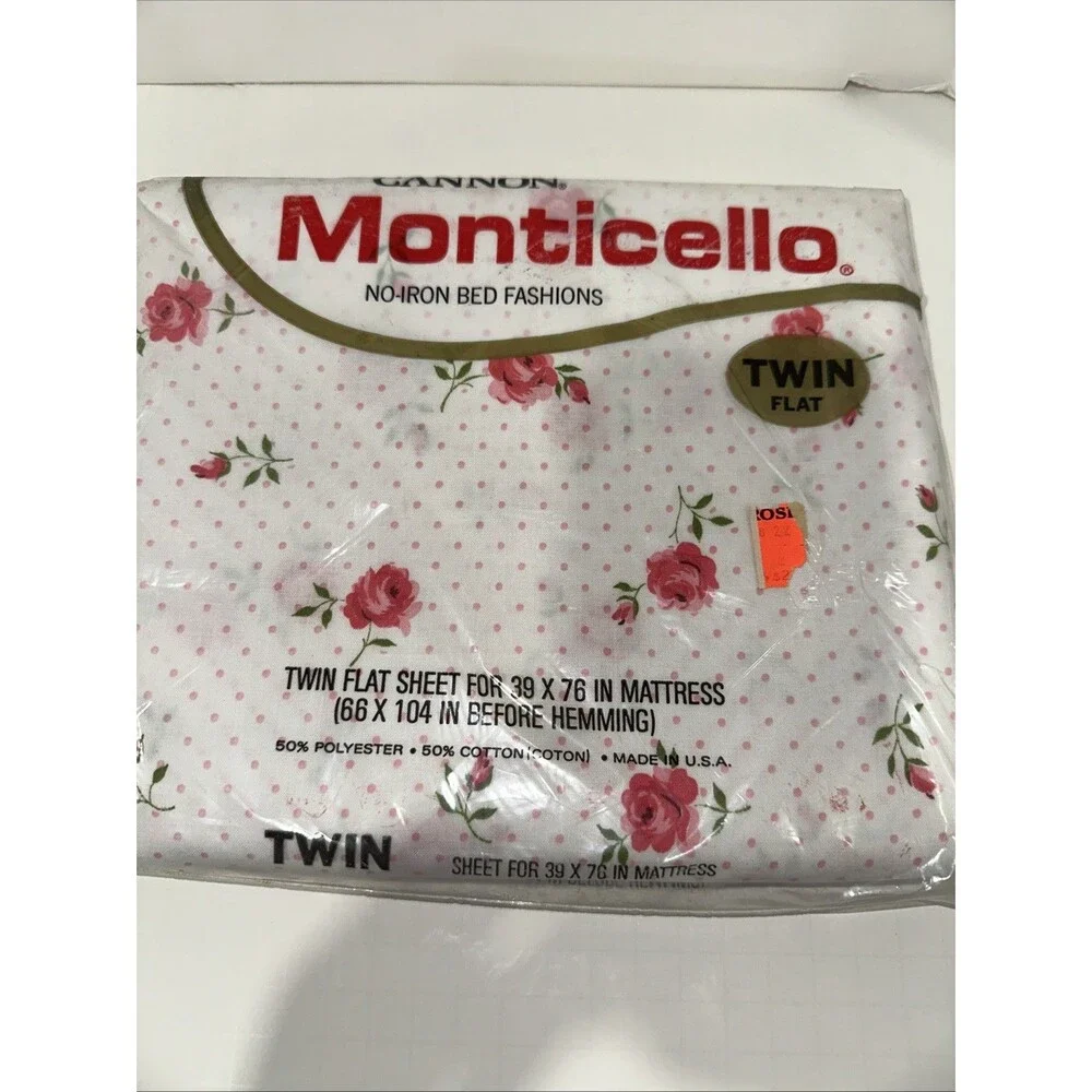 VTG Cannon Monticello PINK Rose Dream Polka Dot No Iron Muslin Twin FLAT Sheet